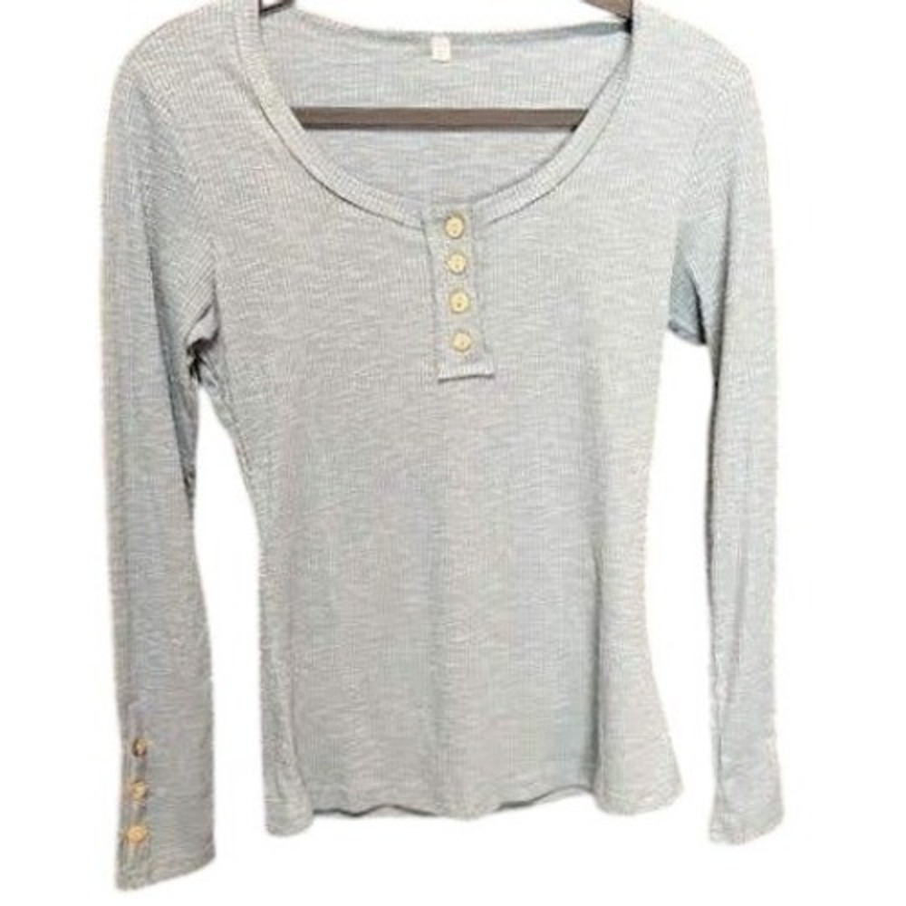 Womens Blue‎ Long Sleeve Top Henley T Shirt Casual Button Ribbed Knit Blouse